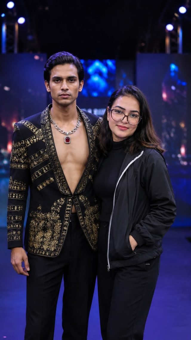 Model in a black jacket with gold embroidery and a silver chain standing beside a woman in a black jacket and glasses on a runway